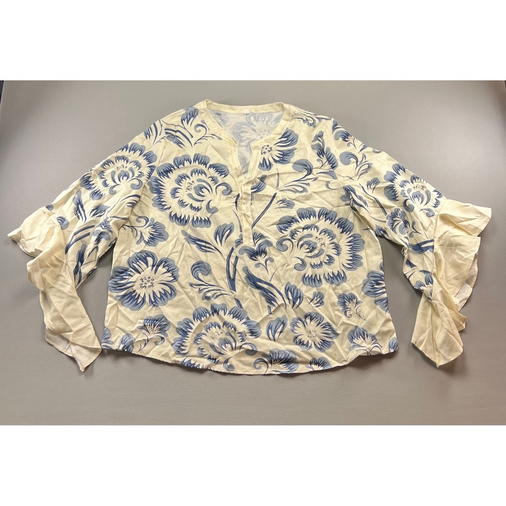 Womens Blouse Top 6XL Cream Blue Floral Lightweight Ruffle Sleeves Split Neck